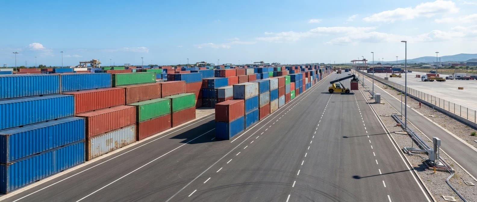 Rangées de conteneurs maritimes bleus, rouges et verts sur un terminal
