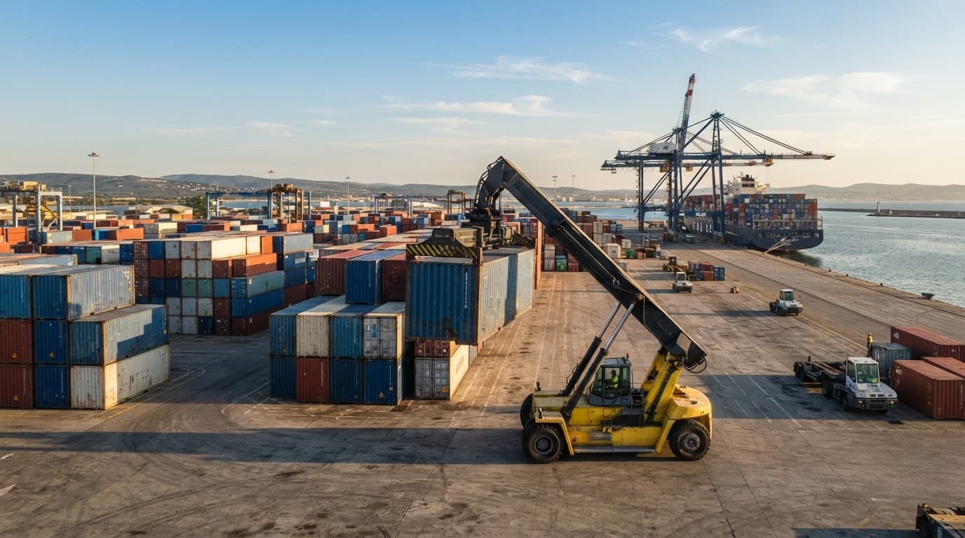 Chariot porte-conteneur et camions sur un terminal portuaire