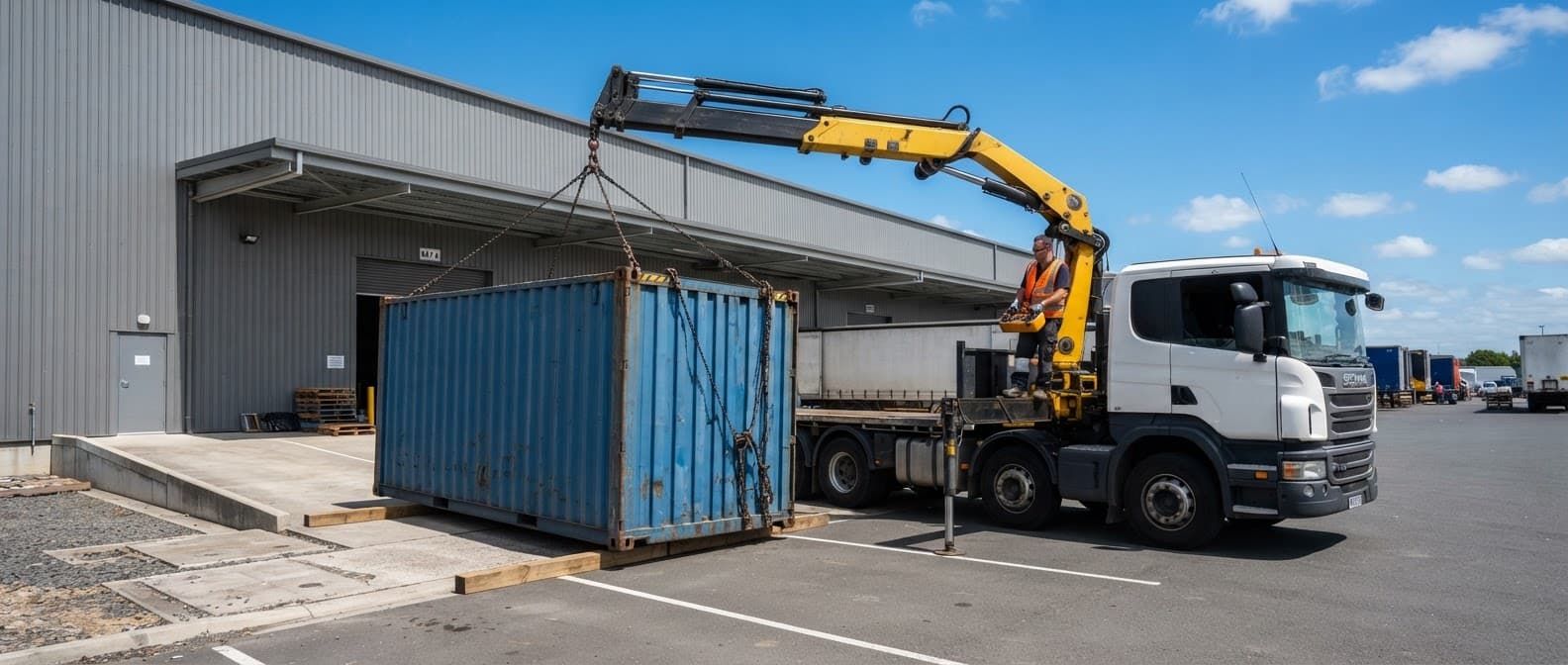 Camion-grue déposant un conteneur bleu devant un entrepôt