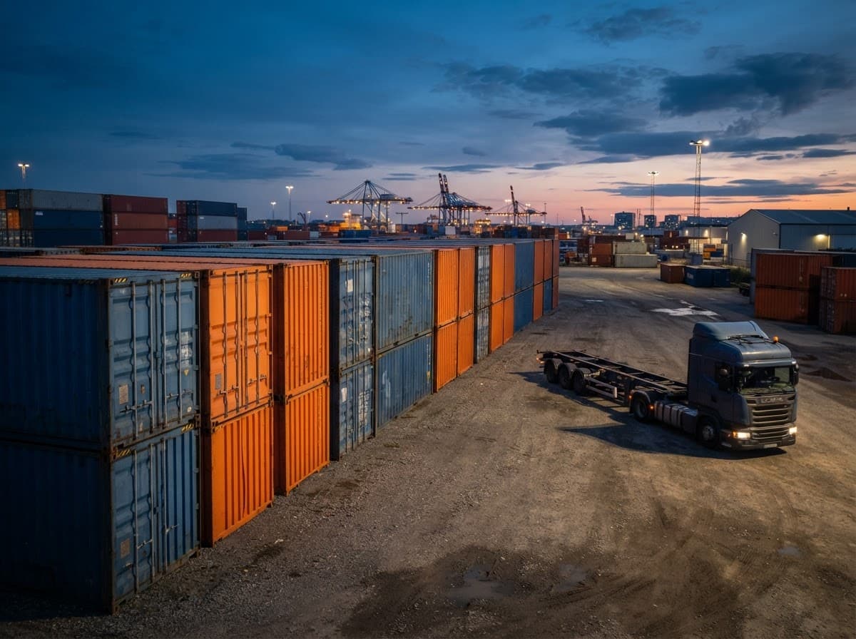 Conteneurs alignés sur un dépôt de location avec camion porte-conteneur
