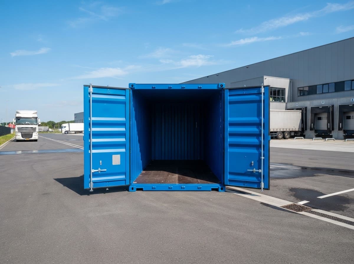 Conteneur maritime bleu portes ouvertes sur un site logistique